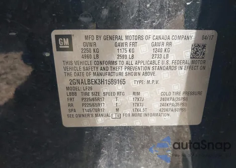 2017 Chevrolet Equinox Ls из США, поврежденный, VIN 2GNALBEK3H1589165